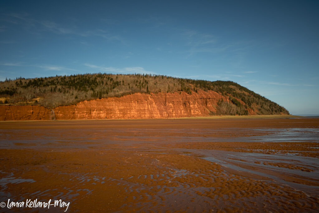 A broad expanse of beach with red cliffs of Blomidon in the background